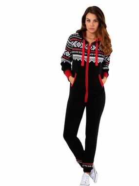 Women's Black & Red Fair Isle Hoodie Jumpsuit Romper